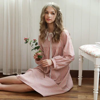 

Nightdress Women'S Autumn And Winter New Cotton Women'S Sleepwear Plaid Yarn-Dyed Lovely Intimate Lingerie Casual Home Clothing
