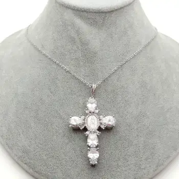 

17.5" silver color plated Virgin Mary Cross Pendant necklace shell pearl Cubic Zirconias pave Necklace wedding Christmas gift
