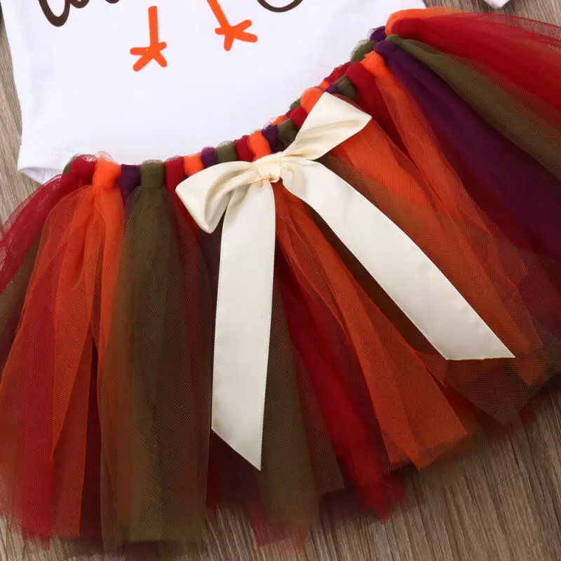 US Turkey Thanksgiving Day Clothes Baby Girl Romper Tulle Skirt Headband Clothes Outfit Set0-12 months