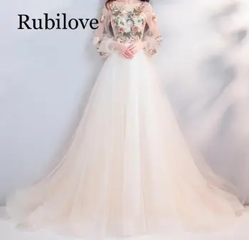 

Rubilove Light champagne flower bride toast clothing dinner party annual performance long sleeve dress