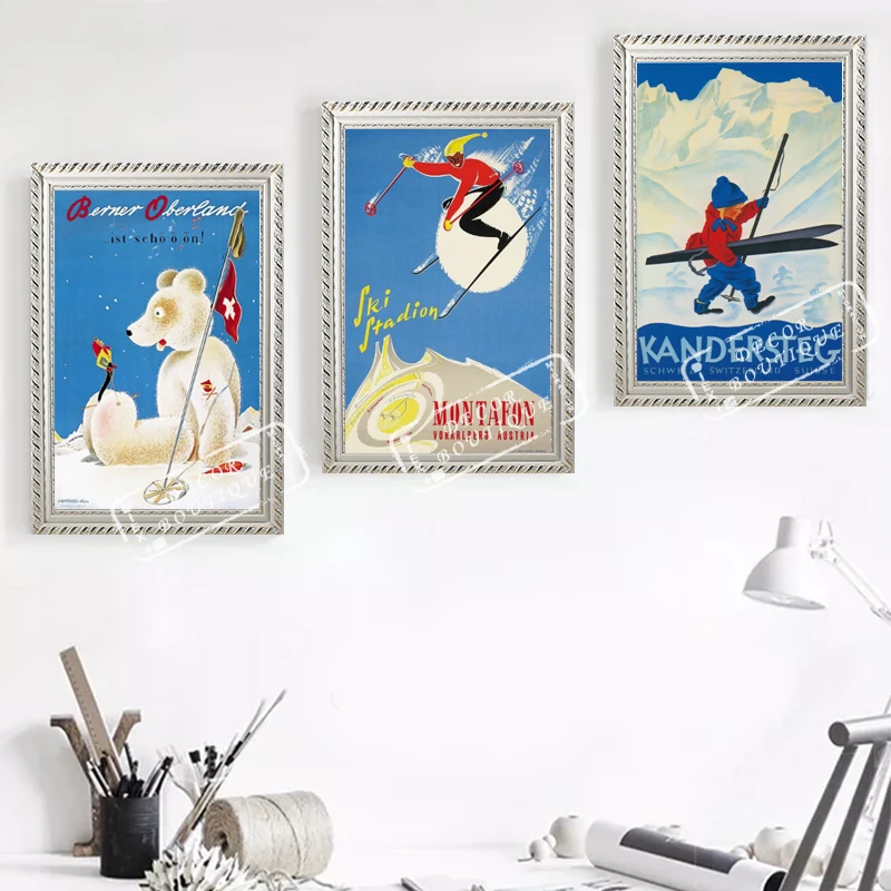 Катание на лыжах в Швейцарии винтажный Ретро Крафт постер для путешествий холст