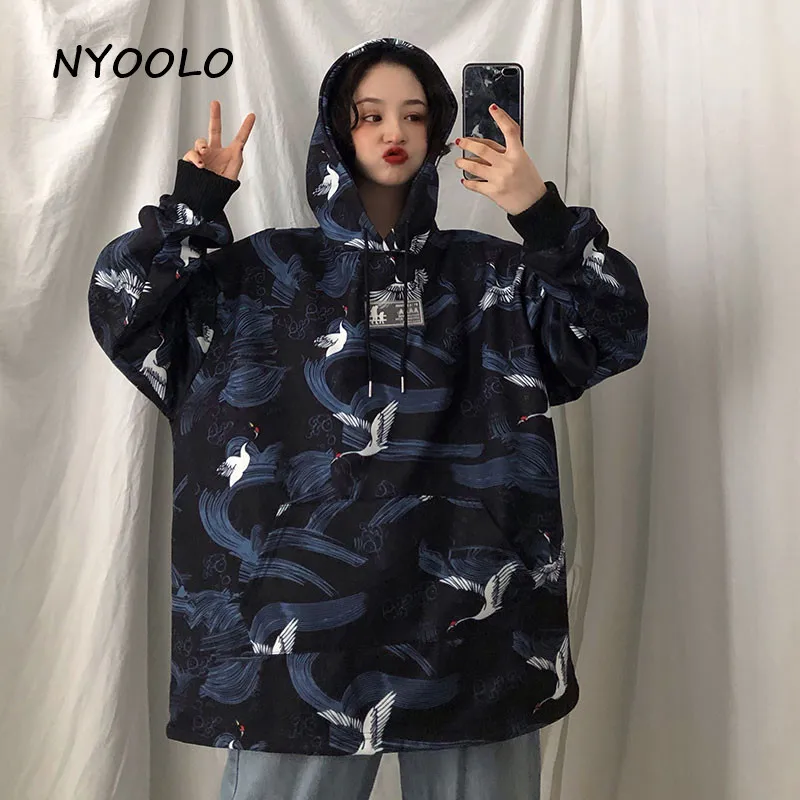 NYOOLO Harajuku стиль кран печати теплые толстовки осень зима свободные с длинным рукавом капюшоном пуловеры флисовая Толстовка для женщин и мужчин топы