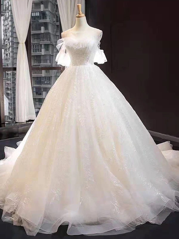 as picture J66847 jancember свадебное платье для женщин с круглым вырезом и открытыми плечами, белое свадебное платье со шлейфом, vestido de noiva ombro a ombro tule - Цвет: as picture
