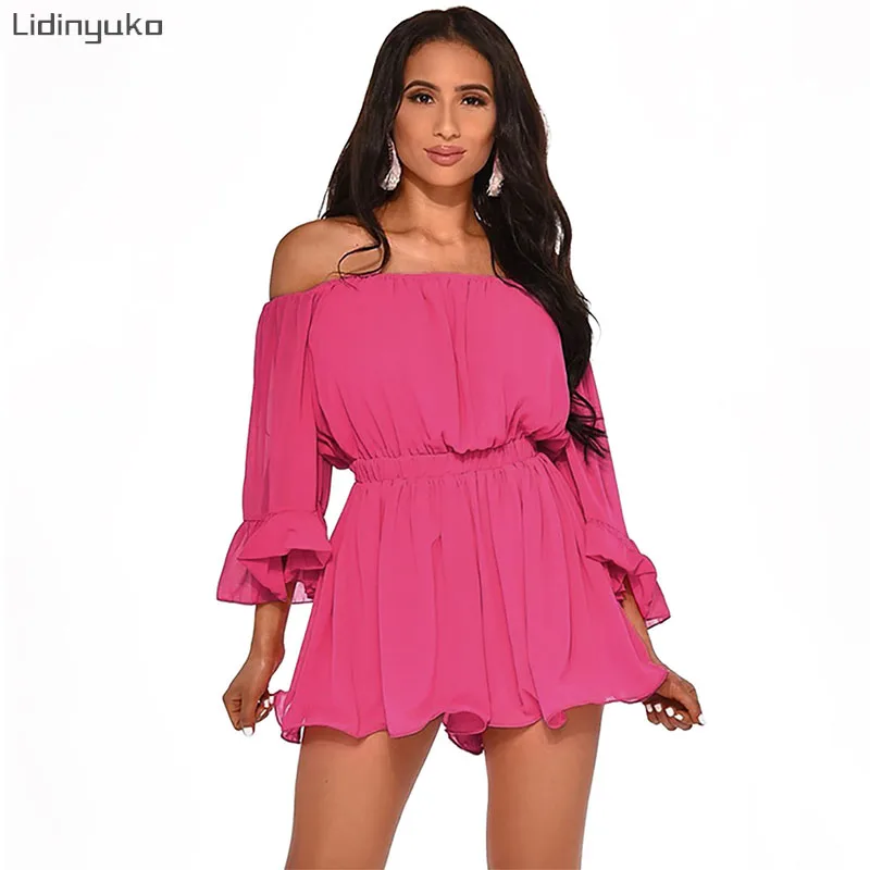 

Summer Casual Word Shoulder Wrapped Short Jumpsuit Women 2019 Sexy Ruffled Sleeve Playsuits Waist Female Rompers