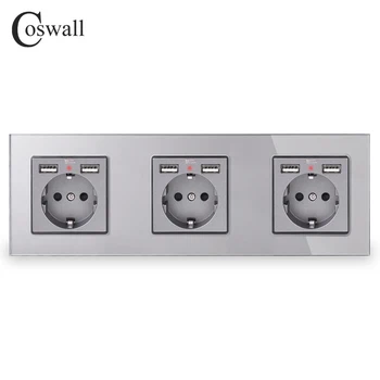 

COSWALL 3/4 Gang Russia Spain EU Standard Wall Socket + Dual USB Charge Port Hidden Soft LED Indicator Grey Gray Glass Panel