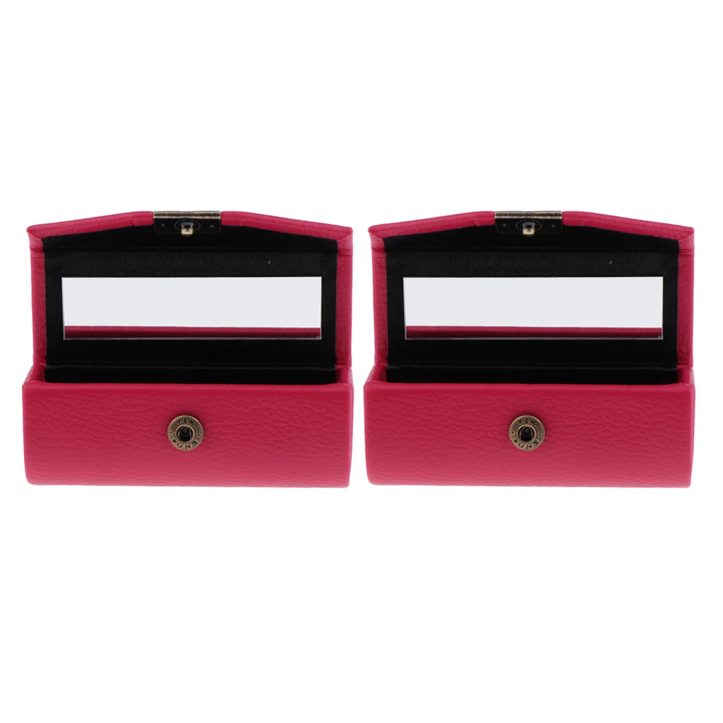 2 Pcs Unique Design Lichee Leather Lipstick Case Holder Storage Box Mirror Purse Pocket Rose Red