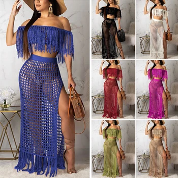 

Women Sexy Hollow Out Mesh Tassel Perspective Tops & Skirts Sets Outfits