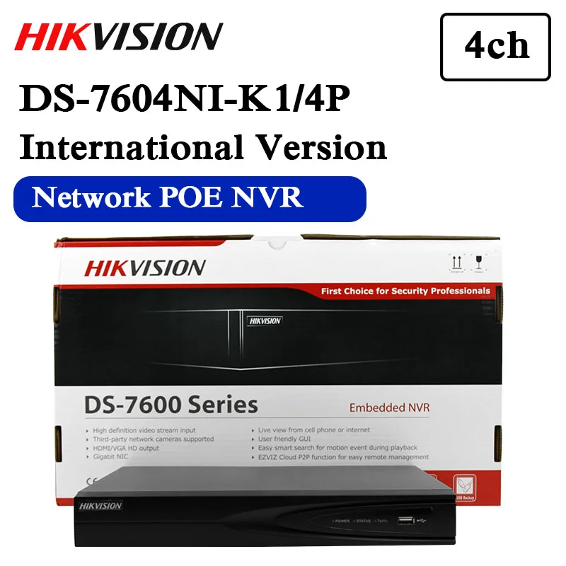 

Free shipping English version DS-7604NI-K1/4P 4CH 4K NVR one SATA with 4POE ports Embedded Plug & Play 4K NVR