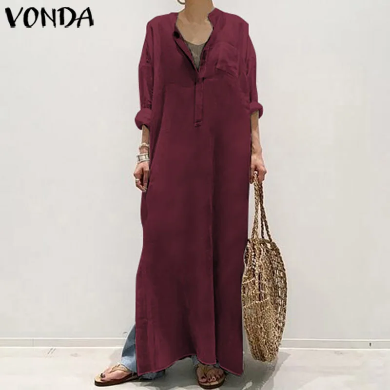 VONDA/длинное хлопковое женское платье макси со стоячим воротником и длинным рукавом на пуговицах, вечерние платья для беременных, осень, Vestidos