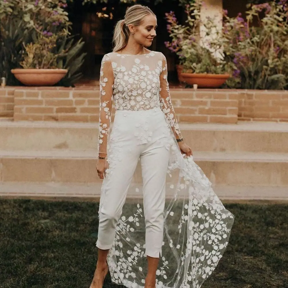 

Two Piece Illusion Neck High-Low Wedding Jumpsuit 2020 with Lace Appliques Wedding Bridal Gowns Illusion Long Sleeve Open Back