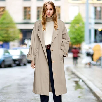 

2020 Autumn Women's Single-Breasted Trench Coat Classical Lapel Collar Loose Long Windbreaker Russia style Chic Outwear Coat