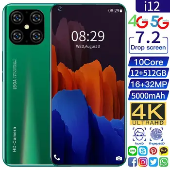 

Global Version 7.2" FDH i12 Mobile Phone 12GB 512GB 10Core 5000MAH 32MP Camera Android 10 OS Smartphone Face Unlock Google Play