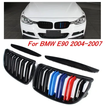 

New Pair Gloss Matt Black M Color 2 Line Front Kidney Grille Grill Double Slat For BMW E90 E91 3 Series 2004 2005 2006 2007