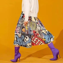 Мультфильм шаблон Высокая талия женские плиссированные юбки осень-зима длинной тонкой шёлковой сеткой для девочек трапециевидные юбки, женские Юпи femme D30