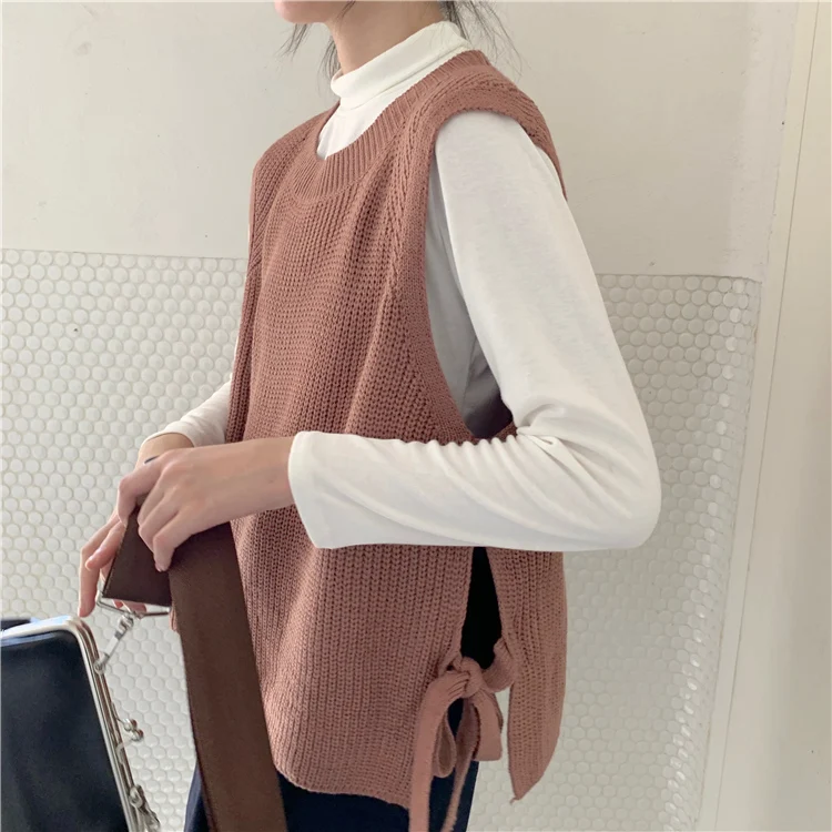 Осенний женский свитер жилет harajuku женский элегантный студенческий пуловер со шнуровкой вязаный Топ Верхняя одежда жилет