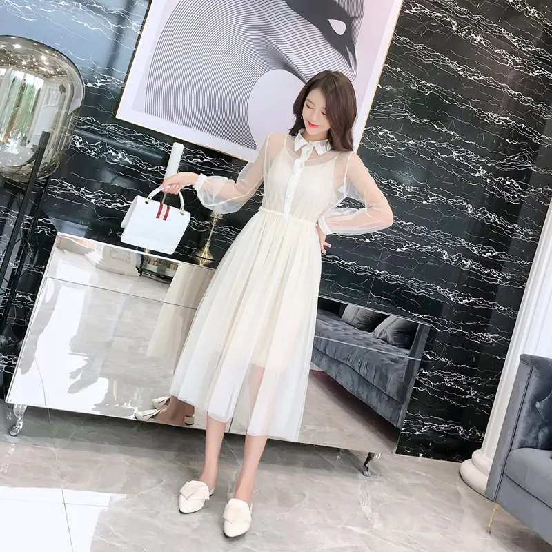

Photo Shoot Small Video ~ 2019 Spring New Style Korean-style Waist Hugging Lace Gauze Sweet Dress Women's Two-Piece Set