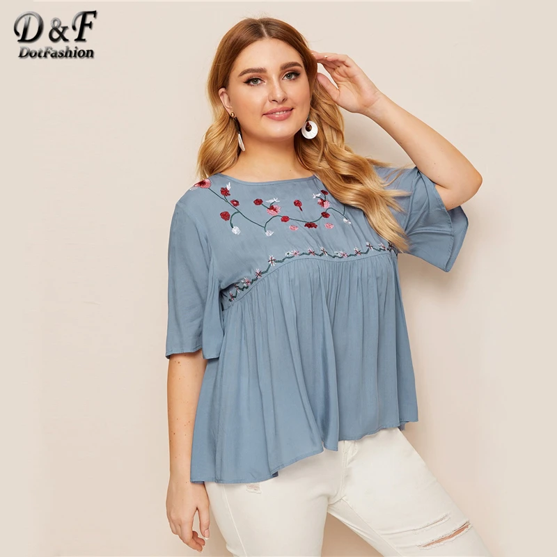 Dotfashion/женская блузка с вышивкой спереди, большие размеры,, Осенние повседневные блузки с открытыми плечами, топ с оборками