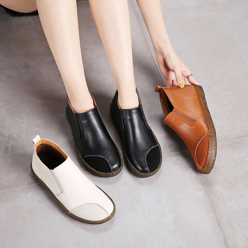 PEIPAH Autumn Women's Genuine Leather Shoes Woman Rubber Boots Women Ankle Boots Female Flat With Slip-On Chelsea Botas Mujer