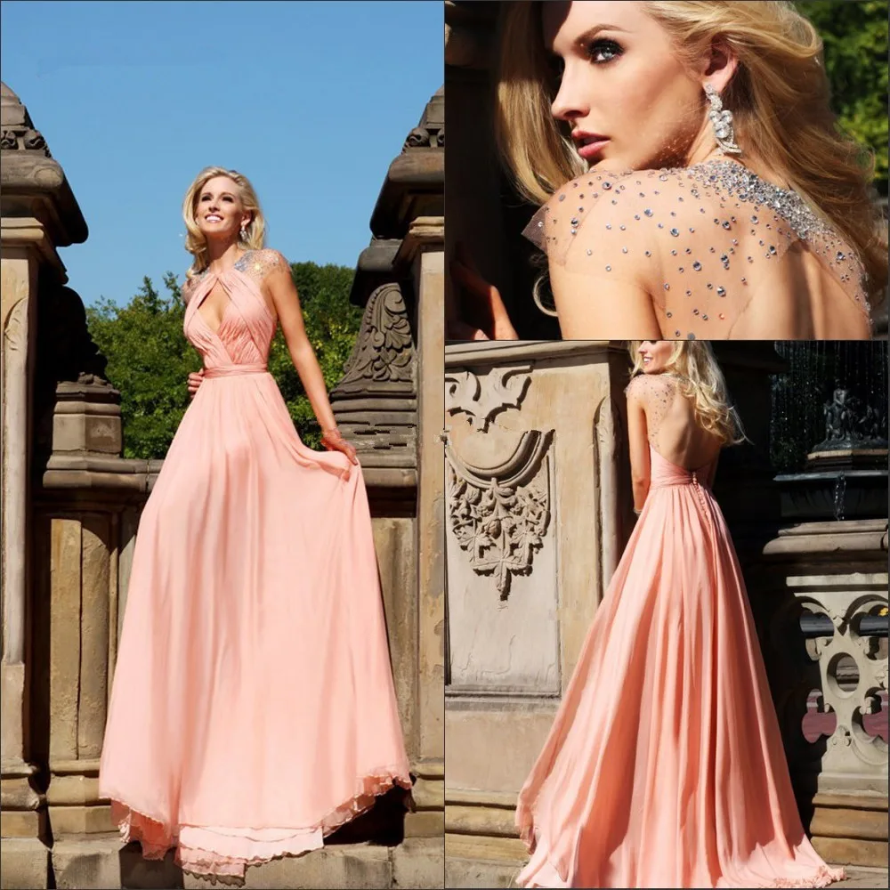 

New Arrival 2019 Vestido De Festa Top Fashion Crystal Peach Long Prom Dress With Sexy Evening Dresses Open Back free shipping