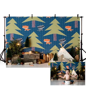 

Mehofond Newborn Backdrop Forest Pine Tent Fox Wood Christmas Baby Shower Blue Wall Photography Background for Photo Studio Deco