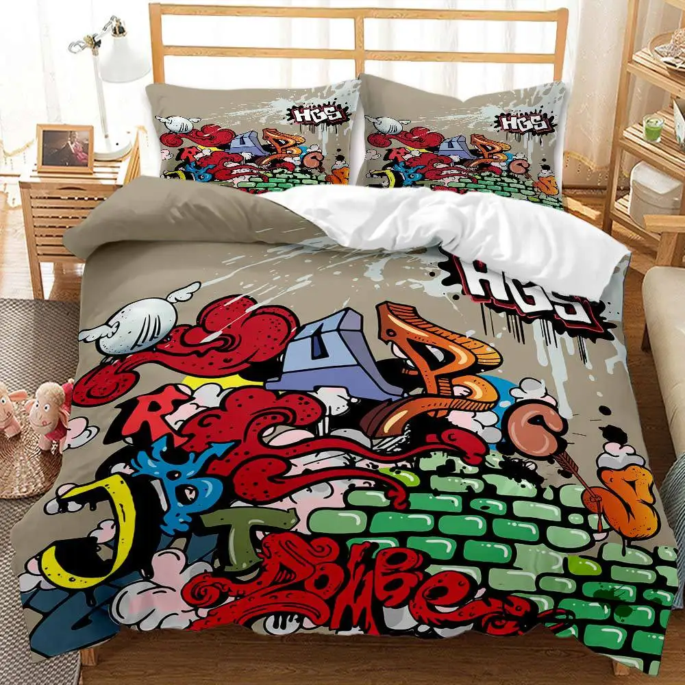 Graffiti Bedding Set For Kids Hip Hop Theme Radio Rock Youth Comforter Cover For Boys Teens, Colorful Novelty Decorative Cover