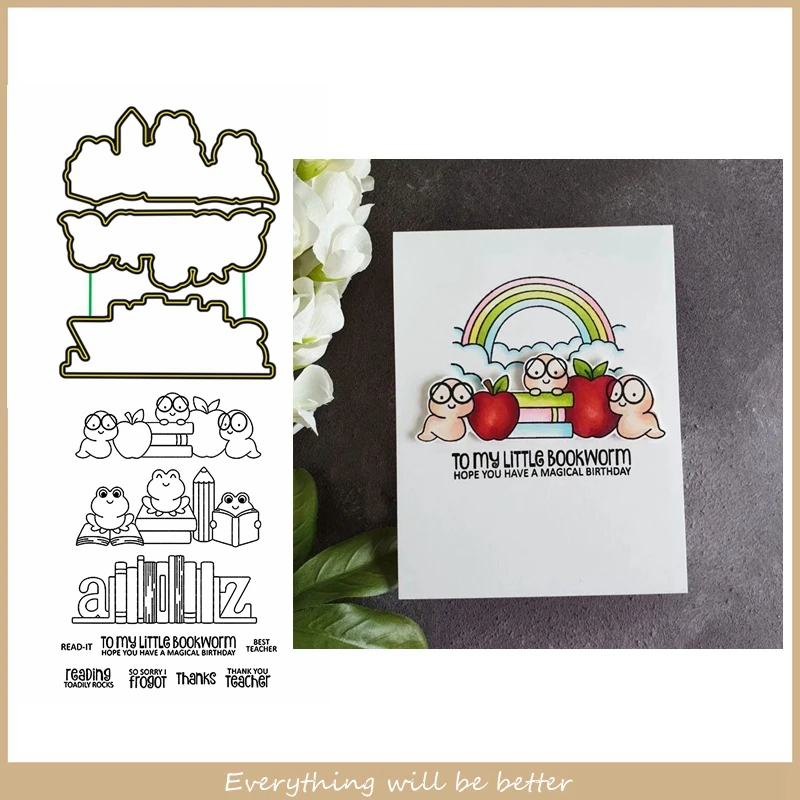

Frog Insect Animals To My Little Bookwarm Apple Sentence Letter Metal Cutting Dies Combine Match Clear Silicone Stamps Make Card