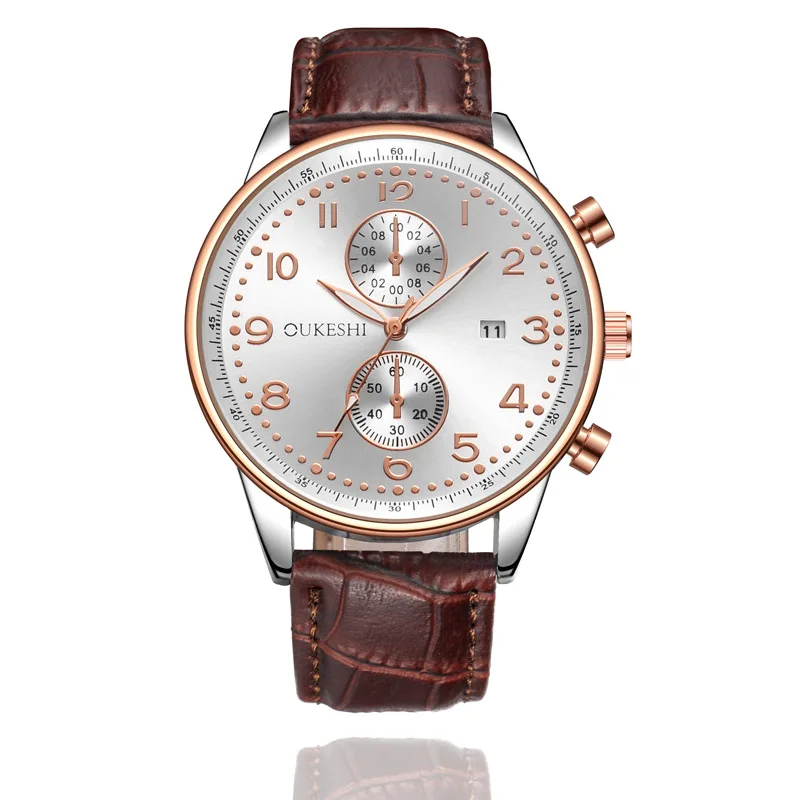 

2017 Oak Shi Brand New Style Watch Men Business Leather Strap Watch Gold Shell Calendar Waterproof Quartz Men's Watch