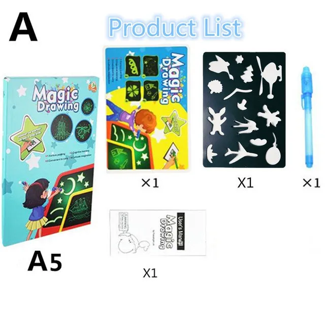 1pc A4 A3 Magic Luminous Drawing Board Graffiti Tablet Draw In Dark Magic Light-Fun Fluorescent Pen Educational Toy For Children