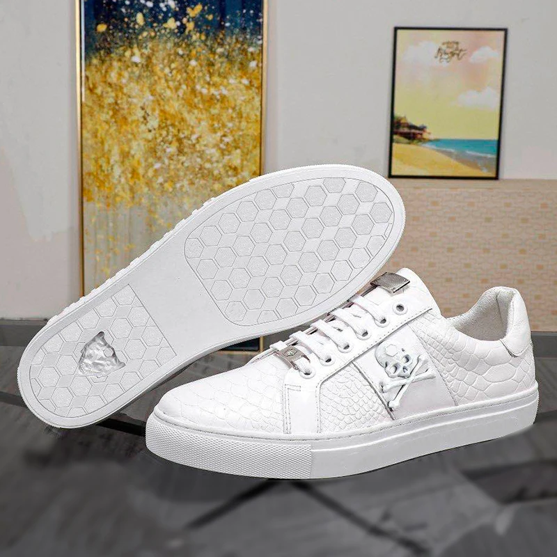 bags pp Italian original design skull hardware logo business genuine leather men's shoes crocodile skin comfortable flat bottom