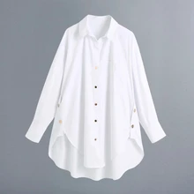 

Women Button Decoration White Shirt Femme Turndown Collar Long Sleeve Blouse Casual Lady Loose Tops Blusas S8061