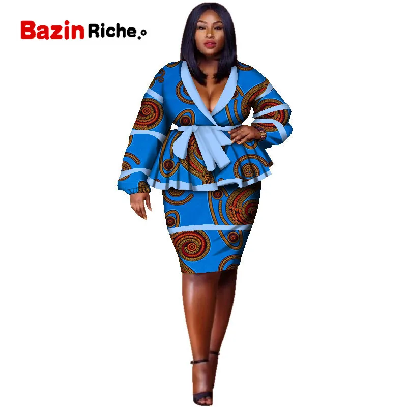 Plus Size Top and Straight Skirt Sets African Wax Print 2 Pieces Skirt Set for Women Bazin Riche African Style Clothing WY2858 - Цвет: 8