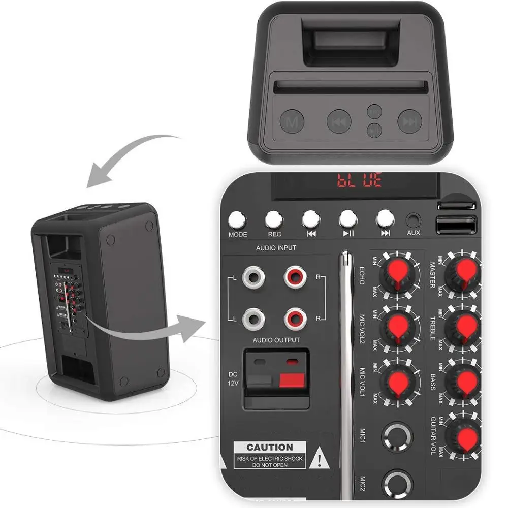 DJ Amplified Loudspeakers with LED Lights EARISE DT21 Portable PA System Bluetooth Speaker with Wireless Microphone Rechargeable Karaoke Machine Shoulder Strap Recording FM Guitar Input AUX//USB
