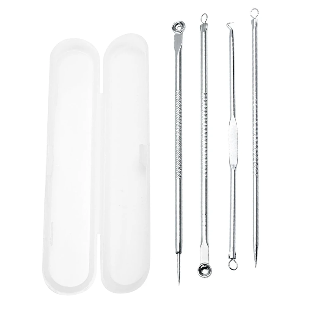 4Pcs Facial Pimple Acne Spot Pimple Remover Blackhead Whitehead Extractor Needles Tool Case Anti-Allergic Stainless Steel