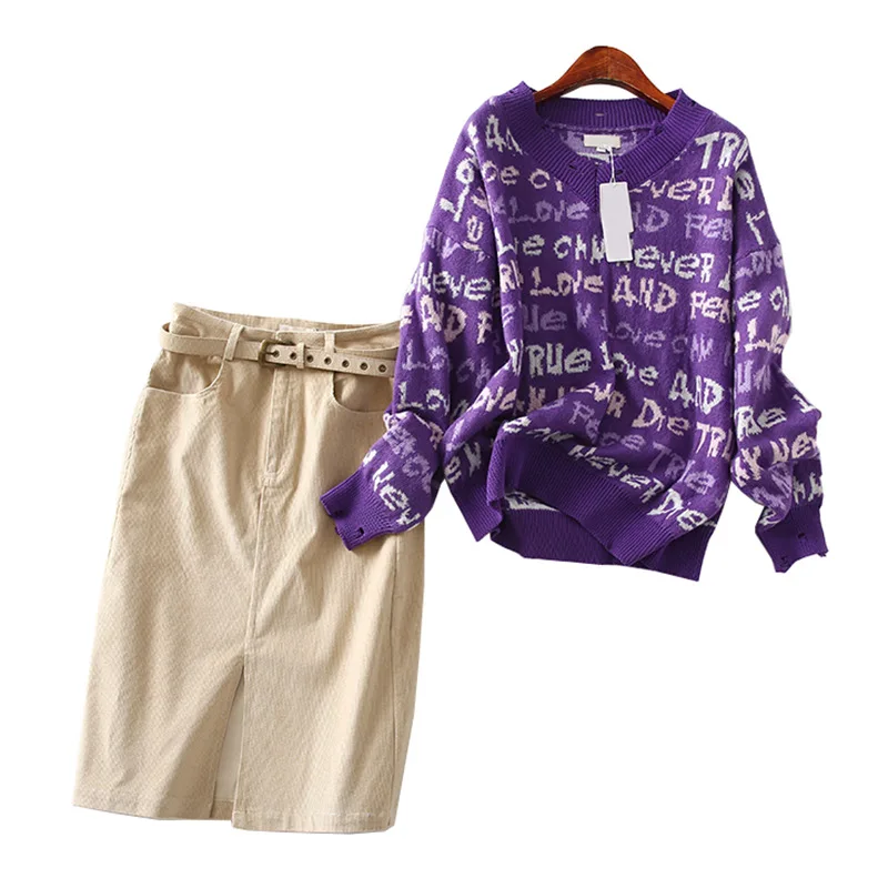 

One's Printed Letter V-neck Sweater Corduroy Half-length Skirt Two-Piece Women's Entity