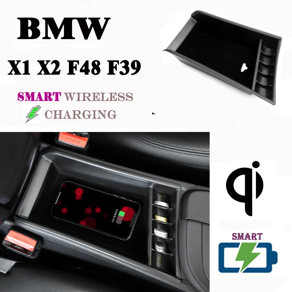 For BMW QI Wireless charger Smart Wireless charging Phone Holder Storage Box for X1 X2 F48 F39 2015~2020