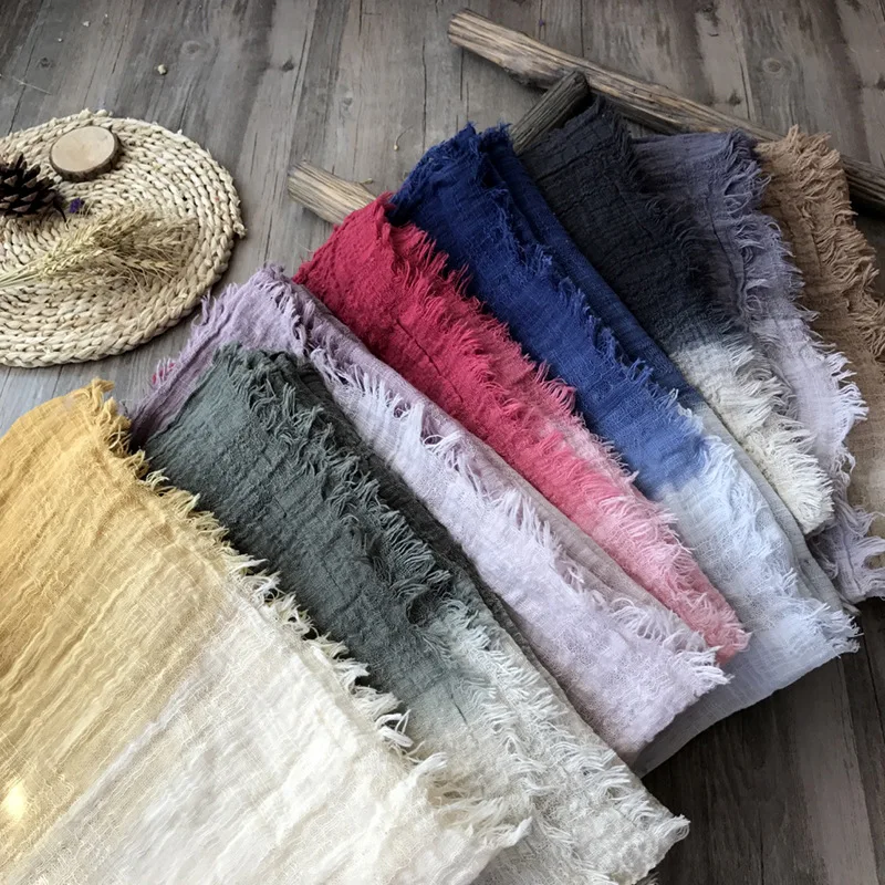 

2019 new cotton and linen hanging dyed contrast color grading mosaic large scarf retro literary wind shawl Sen female