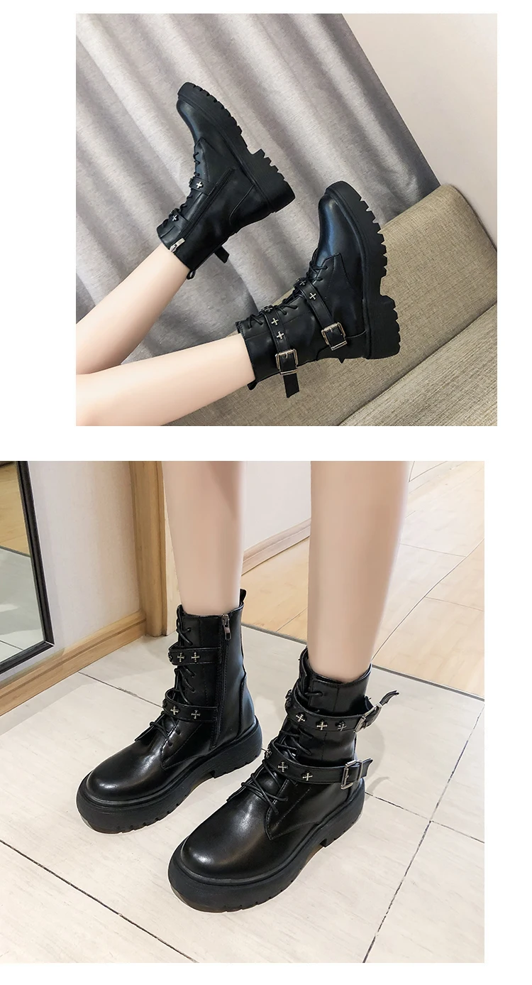 Autumn Ankle Boots Women Platform Boots Double Buckle Black Leather Martins Boots Punk Shoes Woman Thick Bottom Motorcycle Boots