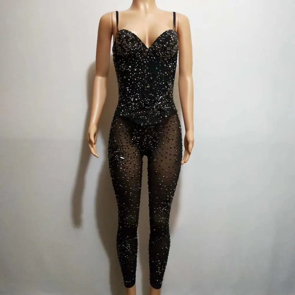 

Nightclub Sexy Women's Black Stretch Skinny Spaghetti Strap Pole Dance Stage Costumes Female Sleeveless Crystals Slim Catsuits