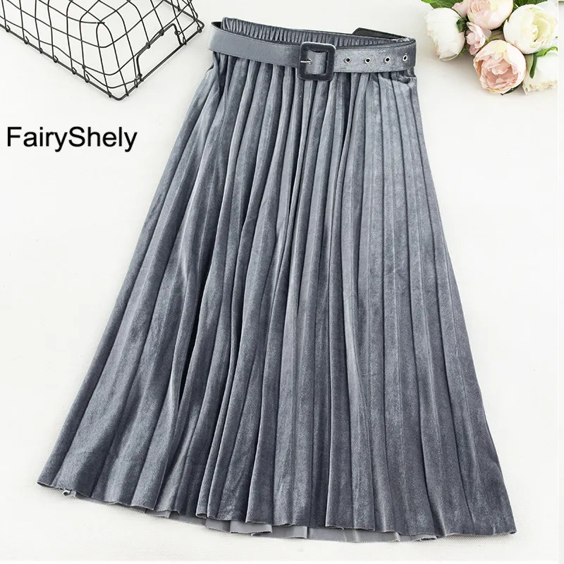 gray velvet Skirt FairyShely бархатная плиссированная длинная юбка для женщин осень зима эластичная лента Высокая талия Теплая юбка армейский зеленый Макси офисная юбка - Цвет: gray velvet Skirt