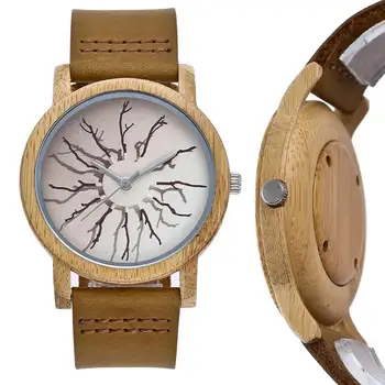 

Fashion Bamboo Unisex Waterproof Watch Faux Leather Strap Analog Quartz Wrist Watch with Branch Pattern Gift Деревянные часы