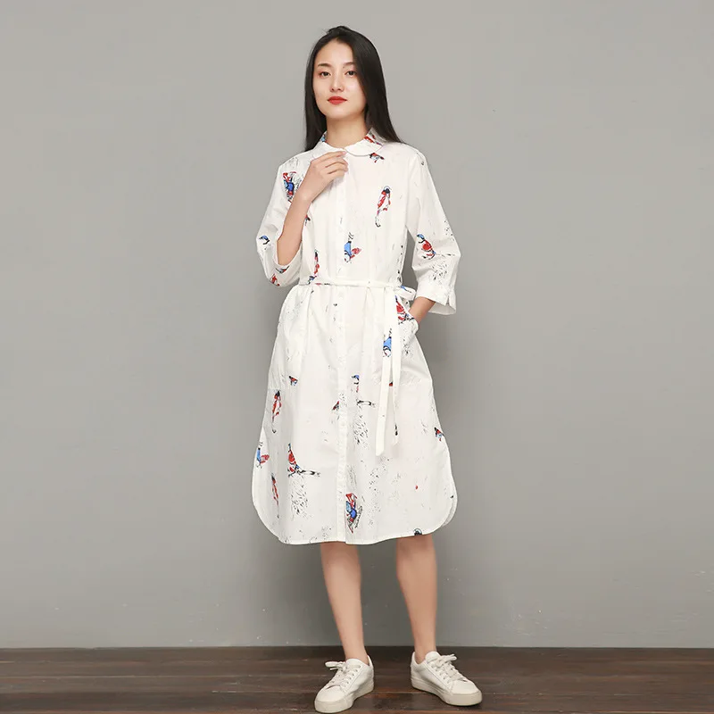 NINI WONDERLAND, осеннее платье с принтом, женское хлопковое модное платье-рубашка, женские платья до колена, весенние кардиганы - Цвет: white