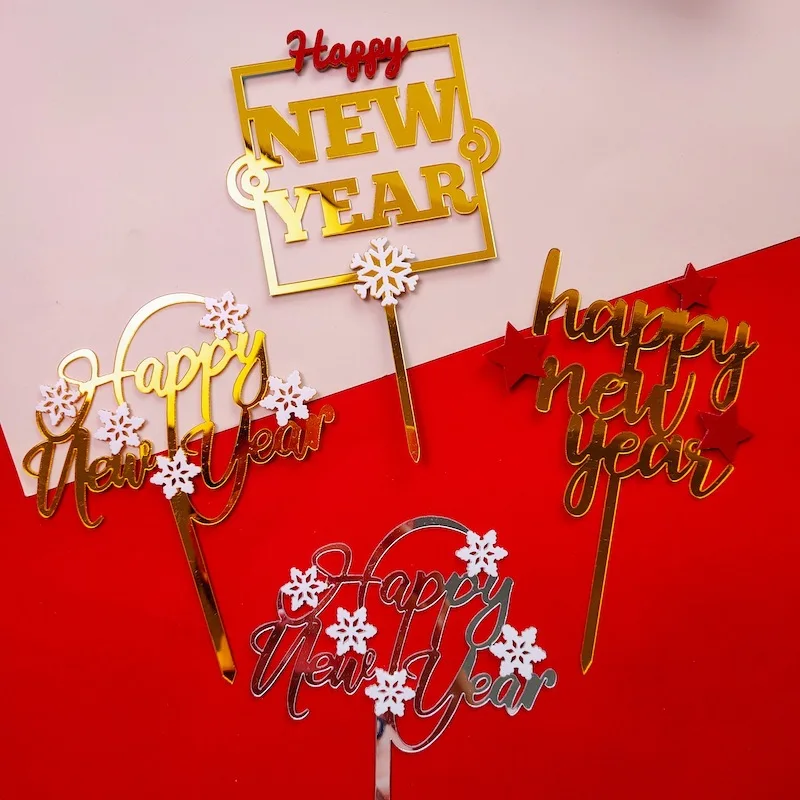 

13 Happy New Year Acrylic Cake Toppers Golden Stars Snowflakes Merry Christmas Cake Toppers Christmas New Year Cake Decorations