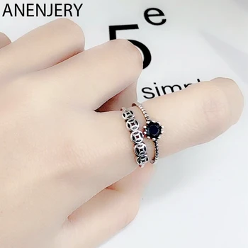 

ANENJERY Personality Double Layer Black Stone 925 Sterling Thai Silver Rings Ring Jewelry For Women Party Gifts S-R614