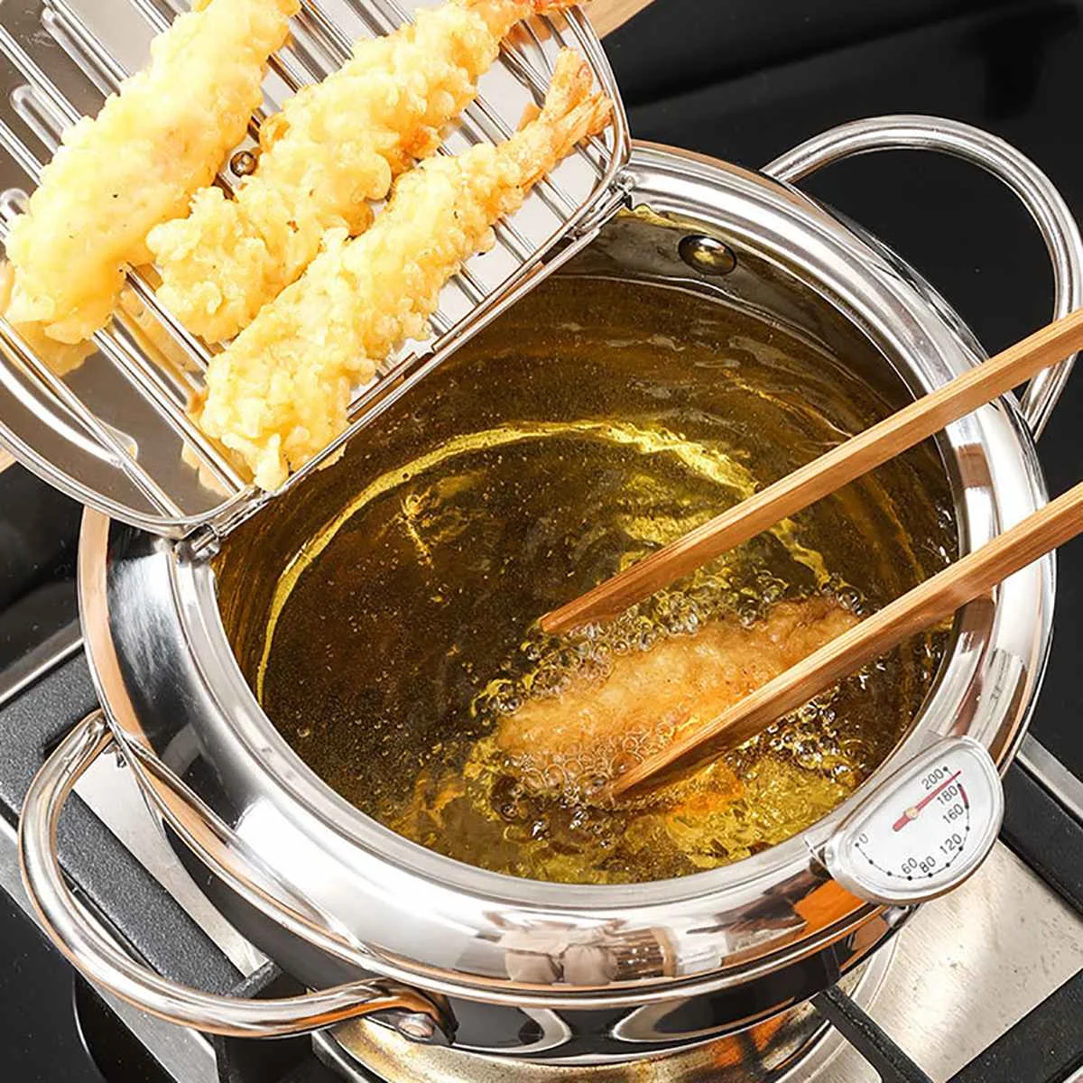 Friteuse Acier Inoxydable 2L Avec Thermomètre - Pour Gaz, Induction, électrique - Style Japonais, Vidange D'huile - 3