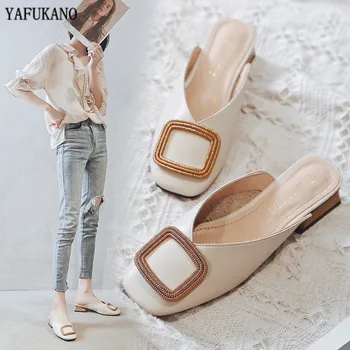 

2020 Brand Designer Women Pumps Slippers Slip on Mules Low Heel Casual Shoes British Wooden Block Heels Slides Plus Size 32-43