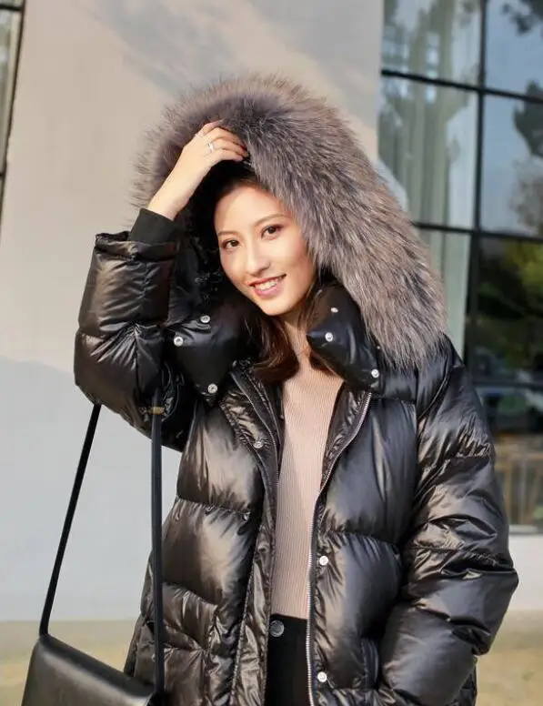 grey hooded black Woherb/ зимняя Глянцевая пуховая парка Женская свободная длинная стеганая куртка из искусственного меха с капюшоном теплые толстые парки женские ватные куртки в Корейском стиле - Цвет: grey hooded black