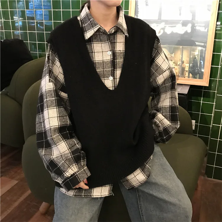 Harajuku Stylw шикарный Однотонный свитер жилет для колледжа для женщин на улице осень/зима ветер v-образным вырезом жилет клетчатая рубашка куртка