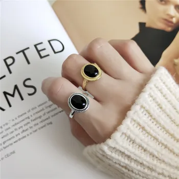

POFUNUO Real 925 Sterling Silver European Vintage Style Women Fashion Rings 18K Gold Pure Silver Black Agate Resizable Chic Ring