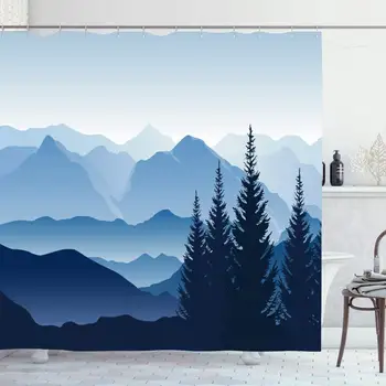 

Shower Curtain Set with Hooks 72x78 View Fir Smokey Morning Blue Forest Misty Outdoor Mountains Fog Sun Nature Color Panorama