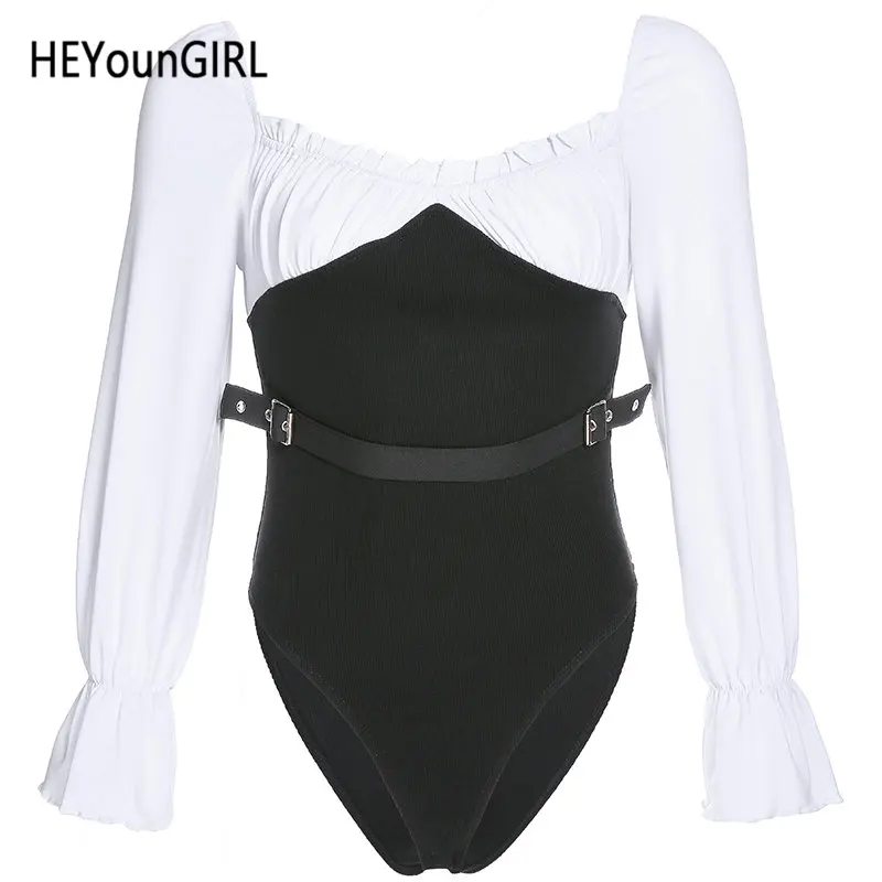 Черный HEYounGIRL лоскутное черно-белое боди с расклешенными длинными рукавами винтажные комбинезоны обтягивающие повседневные Элегантные женские осенние зимние - Цвет: Черный